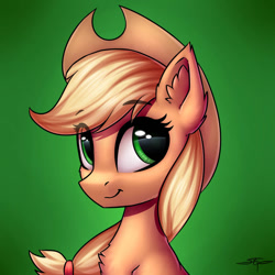 Size: 894x894 | Tagged: safe, artist:setharu, applejack (mlp), earth pony, equine, fictional species, mammal, pony, feral, friendship is magic, hasbro, my little pony, 2d, blonde hair, blonde mane, braid, bust, chest fluff, clothes, cowboy hat, cute, ear fluff, eye through hair, eyelashes, female, fluff, freckles, front view, fur, gradient background, green eyes, hair, hat, headwear, looking at you, mane, mare, orange body, orange fur, portrait, signature, smiling, smiling at you, three-quarter view, ungulate