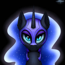 Size: 894x894 | Tagged: safe, artist:setharu, nightmare moon (mlp), alicorn, equine, fictional species, mammal, pony, feral, friendship is magic, hasbro, my little pony, 2d, black body, black fur, blue eyes, blue hair, blue mane, bust, ear fluff, eyelashes, female, fluff, front view, fur, gradient background, hair, headwear, helmet, horn, looking at you, mane, mare, portrait, signature, solo, solo female, sparkly hair, sparkly mane, ungulate