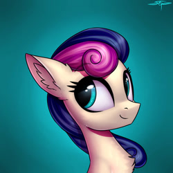 Size: 894x894 | Tagged: safe, artist:setharu, bon bon (mlp), earth pony, equine, fictional species, mammal, pony, feral, friendship is magic, hasbro, my little pony, 2d, bust, chest fluff, cute, ear fluff, eye through hair, eyelashes, female, fluff, front view, fur, gradient background, hair, looking at you, mare, multicolored hair, multicolored mane, portrait, signature, smiling, smiling at you, teal eyes, three-quarter view, two toned hair, ungulate, white body, white fur