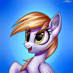 Size: 894x894 | Tagged: safe, artist:setharu, derpy hooves (mlp), equine, fictional species, mammal, pegasus, pony, feral, friendship is magic, hasbro, my little pony, 2d, blonde hair, blonde mane, bust, chest fluff, colored tongue, cute, ear fluff, eye through hair, female, fluff, front view, fur, gradient background, gray body, gray fur, hair, mane, mare, open mouth, open smile, orange tongue, portrait, signature, smiling, solo, solo female, three-quarter view, tongue, ungulate, wing fluff, wings, yellow eyes