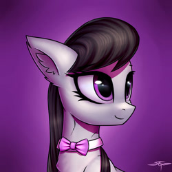 Size: 894x894 | Tagged: safe, artist:setharu, octavia melody (mlp), earth pony, equine, fictional species, mammal, pony, feral, friendship is magic, hasbro, my little pony, 2d, black hair, black mane, bow, bow tie, bust, chest fluff, clothes, cute, ear fluff, eyelashes, female, fluff, front view, fur, gradient background, gray body, gray fur, hair, mane, mare, portrait, purple eyes, signature, smiling, solo, solo female, three-quarter view