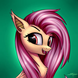 Size: 894x894 | Tagged: safe, artist:setharu, flutterbat (mlp), fluttershy (mlp), bat pony, equine, fictional species, mammal, pony, feral, friendship is magic, hasbro, my little pony, 2d, bust, chest fluff, colored tongue, ear fluff, fangs, female, fluff, front view, fur, gradient background, hair, looking at you, mane, mare, open mouth, open smile, orange tongue, pink hair, pink mane, portrait, red eyes, sharp teeth, signature, smiling, smiling at you, solo, solo female, species swap, teeth, three-quarter view, tongue, ungulate, yellow body, yellow fur