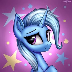 Size: 894x894 | Tagged: safe, artist:setharu, trixie (mlp), equine, fictional species, mammal, pony, unicorn, feral, friendship is magic, hasbro, my little pony, 2d, blue body, blue fur, bust, chest fluff, cute, ear fluff, eyelashes, female, fluff, front view, fur, hair, horn, looking at you, mare, multicolored hair, multicolored mane, portrait, purple eyes, signature, solo, solo female, three-quarter view, two toned hair, ungulate