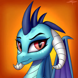 Size: 894x894 | Tagged: safe, artist:setharu, princess ember (mlp), dragon, fictional species, western dragon, semi-anthro, friendship is magic, hasbro, my little pony, 2d, blue belly, blue body, bust, dragoness, female, front view, gradient background, horns, looking at you, portrait, red eyes, signature, solo, solo female, three-quarter view