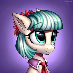 Size: 894x894 | Tagged: safe, artist:setharu, coco pommel (mlp), earth pony, equine, fictional species, mammal, pony, feral, friendship is magic, hasbro, my little pony, 2d, blue eyes, bust, chest fluff, clothes, cute, ear fluff, eye through hair, eyelashes, female, flower, flower in hair, fluff, front view, fur, gradient background, hair, hair accessory, mare, multicolored hair, multicolored mane, necktie, plant, portrait, signature, smiling, solo, solo female, three-quarter view, two toned hair, ungulate, white body, white fur