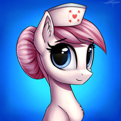 Size: 894x894 | Tagged: safe, artist:setharu, nurse redheart (mlp), earth pony, equine, fictional species, mammal, pony, feral, friendship is magic, hasbro, my little pony, 2d, blue eyes, bust, chest fluff, clothes, cute, ear fluff, eyelashes, female, fluff, front view, fur, gradient background, hair, hat, headwear, looking at you, mane, mare, nurse hat, pink hair, pink mane, portrait, signature, smiling, smiling at you, solo, solo female, three-quarter view, ungulate, white body, white fur