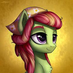 Size: 894x894 | Tagged: safe, artist:setharu, tree hugger (mlp), earth pony, equine, fictional species, mammal, pony, feral, friendship is magic, hasbro, my little pony, 2d, bust, chest fluff, clothes, ear fluff, eye through hair, eyelashes, female, fluff, front view, fur, green body, green fur, hair, hat, headwear, mare, multicolored hair, multicolored mane, portrait, purple eyes, signature, smiling, solo, solo female, three-quarter view, two toned hair, ungulate