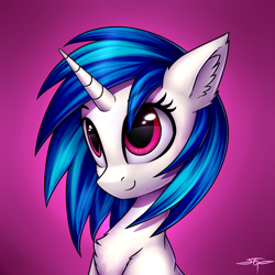 Size: 3000x3000 | Tagged: safe, alternate version, artist:setharu, vinyl scratch (mlp), equine, fictional species, mammal, pony, unicorn, feral, friendship is magic, hasbro, my little pony, 2d, bust, chest fluff, cute, ear fluff, eye through hair, eyelashes, female, fluff, front view, fur, gradient background, hair, horn, mare, multicolored hair, multicolored mane, pink eyes, portrait, signature, smiling, solo, solo female, three-quarter view, two toned hair, ungulate, white body, white fur