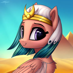 Size: 894x894 | Tagged: safe, artist:setharu, somnambula (mlp), equine, fictional species, mammal, pegasus, pony, feral, friendship is magic, hasbro, my little pony, 2d, bust, chest fluff, ear fluff, female, fluff, front view, fur, hair, looking at you, mare, multicolored hair, multicolored mane, pink body, pink fur, portrait, purple eyes, pyramid, signature, smiling, smiling at you, solo, solo female, three-quarter view, two toned hair, wing fluff, wings