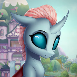Size: 894x894 | Tagged: safe, artist:setharu, ocellus (mlp), arthropod, changedling, changeling, equine, fictional species, feral, friendship is magic, hasbro, my little pony, 2d, blue body, blue eyes, blue fur, bust, cute, female, front view, fur, hair, horn, looking at you, mane, pink hair, pink mane, portrait, signature, smiling, smiling at you, solo, solo female, three-quarter view