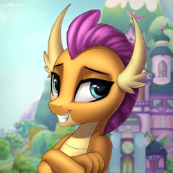 Size: 894x894 | Tagged: safe, artist:setharu, smolder (mlp), dragon, fictional species, western dragon, semi-anthro, friendship is magic, hasbro, my little pony, 2d, blue eyes, bust, crossed arms, cute, dragoness, female, front view, grin, gritted teeth, hair, horns, looking at you, magenta hair, orange body, portrait, signature, teeth, three-quarter view, yellow belly