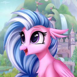 Size: 894x894 | Tagged: safe, artist:setharu, silverstream (mlp), bird, equine, fictional species, hippogriff, mammal, feral, friendship is magic, hasbro, my little pony, 2d, beak, bust, chest fluff, cute, female, fluff, front view, fur, hair, multicolored hair, open beak, open mouth, open smile, pink body, pink fur, pink tail, portrait, purple eyes, signature, smiling, solo, solo female, tail, three-quarter view, two toned hair, ungulate, wing fluff, wings