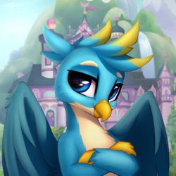Size: 894x894 | Tagged: safe, artist:setharu, gallus (mlp), bird, feline, fictional species, gryphon, mammal, feral, friendship is magic, hasbro, my little pony, 2d, blue body, blue eyes, blue fur, bust, cheek fluff, chest fluff, cream belly, crossed arms, cute, fluff, front view, fur, looking at you, male, portrait, signature, smiling, smiling at you, solo, solo male, three-quarter view, wing fluff, wings