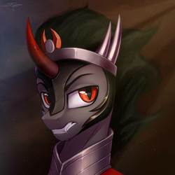 Size: 894x894 | Tagged: safe, artist:setharu, king sombra (mlp), equine, fictional species, mammal, pony, unicorn, feral, friendship is magic, hasbro, my little pony, 2d, armor, black hair, black mane, bust, crown, front view, fur, gray body, gray fur, hair, headwear, horn, jewelry, looking at you, male, mane, portrait, red eyes, regalia, signature, solo, solo male, stallion, three-quarter view