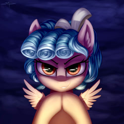 Size: 894x894 | Tagged: safe, artist:setharu, cozy glow (mlp), equine, fictional species, mammal, pegasus, pony, feral, friendship is magic, hasbro, my little pony, 2d, bow, bust, ear fluff, evil grin, eyelashes, female, filly, fluff, foal, front view, fur, grin, hair, hair bow, looking at you, multicolored hair, multicolored mane, pink body, pink fur, portrait, red eyes, signature, solo, solo female, three-quarter view, two toned hair, ungulate, wing fluff, wings, young