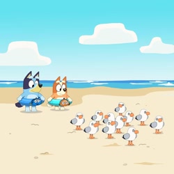 Size: 1080x1080 | Tagged: safe, artist:elfontheshelf, bingo heeler (bluey), bluey heeler (bluey), dory (finding nemo), nemo (finding nemo), australian cattle dog, bird, canine, dog, mammal, seagull, feral, semi-anthro, bluey (series), disney, finding nemo, pixar, 2d, beach, cosplay, duo, duo female, female, females only, inner tube, on model, puppy, siblings, sister, sisters, young