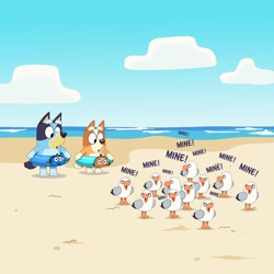 Size: 1080x1080 | Tagged: safe, artist:elfontheshelf, bingo heeler (bluey), bluey heeler (bluey), dory (finding nemo), nemo (finding nemo), australian cattle dog, bird, canine, dog, mammal, seagull, feral, semi-anthro, bluey (series), disney, finding nemo, pixar, 2d, cosplay, dialogue, duo, duo female, female, females only, inner tube, on model, puppy, siblings, sister, sisters, talking, young