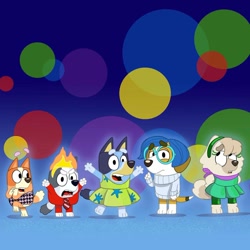 Size: 1080x1079 | Tagged: safe, artist:elfontheshelf, anger (inside out), bingo heeler (bluey), bluey heeler (bluey), disgust (inside out), fear (inside out), honey (bluey), joy (inside out), judo (bluey), muffin heeler (bluey), sadness (inside out), australian cattle dog, beagle, canine, dog, mammal, semi-anthro, bluey (series), disney, inside out, pixar, 2d, chow chow, cosplay, female, females only, group, on model, young