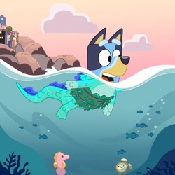 Size: 1080x1080 | Tagged: safe, artist:elfontheshelf, bluey heeler (bluey), luca paguro (luca), australian cattle dog, canine, dog, fictional species, fish, mammal, monster, sea monster, seahorse, feral, semi-anthro, bluey (series), disney, luca (pixar), pixar, 2d, cosplay, female, on model, partially submerged, puppy, solo, solo female, species swap, water, young