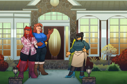 Size: 1280x853 | Tagged: safe, artist:lunar-haven-studios, oc, oc:alexis (jwink), oc:dawn lynn, oc:gina knight, bear, canine, doberman, dog, equine, horse, mammal, anthro, 2022, arm under breasts, blazer, boots, bottomwear, breast rest, breasts, building, clothes, female, females only, heels, house, huge breasts, jeans, larger female, legwear, outdoors, pants, shoes, size difference, skirt, smaller female, standing, stiletto, sweater, talking, topwear, trio, trio female