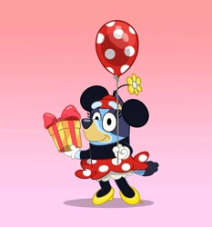 Size: 1080x1157 | Tagged: safe, artist:elfontheshelf, bluey heeler (bluey), minnie mouse (disney), australian cattle dog, canine, dog, mammal, semi-anthro, bluey (series), disney, mickey and friends, 2022, 2d, balloon, bloomers, bottomwear, clothes, cosplay, female, gift, gradient background, on model, shoes, skirt, solo, solo female