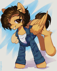 Size: 1280x1576 | Tagged: safe, artist:astralblues, oc, oc only, equine, fictional species, mammal, pegasus, pony, feral, friendship is magic, hasbro, my little pony, 2022, brown hair, brown mane, brown tail, clothes, feathered wings, feathers, female, folded wings, hair, male, mane, solo, solo female, stallion, tail, wings