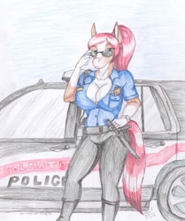 Size: 1072x1280 | Tagged: safe, artist:inkohaulyc-1, oc, oc only, oc:dawn lynn, equine, horse, mammal, anthro, 2018, adjusting glasses, baton, big breasts, breasts, cleavage, clothes, colored pencil drawing, female, glasses, glasses adjust, police, police car, police uniform, signature, simple background, solo, solo female, sunglasses, traditional art