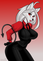 Size: 1548x2190 | Tagged: safe, artist:zhadart, cerberus (helltaker), canine, mammal, wolf, anthro, helltaker, 2022, bent over, black nose, breasts, clothes, digital art, ears, eyelashes, female, fur, hair, looking at you, necktie, open mouth, pose, simple background, solo, solo female, tail, thighs, wide hips
