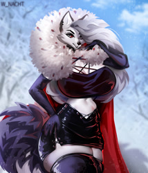 Size: 1097x1280 | Tagged: safe, artist:w_nacht, loona (vivzmind), canine, fictional species, hellhound, mammal, anthro, hazbin hotel, helluva boss, 2022, bedroom eyes, black nose, bottomwear, breasts, clothes, colored sclera, detailed background, digital art, ears, evening gloves, eyelashes, female, fur, gloves, hair, huge breasts, legwear, long gloves, looking at you, pose, red sclera, shorts, snow, solo, solo female, stockings, sweater, tail, tank top, thighs, topwear, wide hips