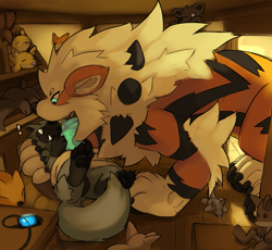 Size: 1133x1043 | Tagged: safe, artist:ozoneserpent, arcanine, fictional species, lycanroc, mammal, feral, nintendo, pokémon, 2020, ambiguous gender, ambiguous only, black nose, detailed background, digital art, duo, duo ambiguous, ears, fur, hair, licking, open mouth, paws, sharp teeth, tail, teeth, thighs, tongue, tongue out