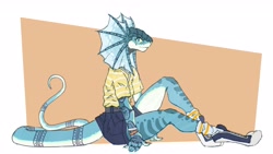 Size: 3737x2102 | Tagged: safe, artist:zedsnsfw, lizard, reptile, anthro, bottomwear, clothes, female, head frill, shirt, shoes, sitting, skirt, solo, solo female, tail, thick thighs, thighs, topwear