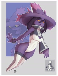 Size: 1672x2199 | Tagged: safe, artist:leanivuisen, fictional species, mismagius, anthro, nintendo, pokémon, breasts, clothes, female, hat, headwear, solo, solo female, wide hips