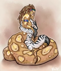 Size: 1097x1280 | Tagged: safe, artist:vera, big cat, canine, feline, fictional species, hybrid, mammal, reptile, snake, tiger, wolf, anthro, naga, anthro/naga, breasts, coiling, female, hug, interspecies, male, male/female, tail