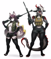 Size: 2784x3171 | Tagged: safe, artist:pgm300, canine, dragon, fictional species, fox, kitsune, mammal, anthro, anti material rifle, battle rifle, big breasts, bottomwear, breasts, clothes, duo, duo female, female, females only, fn fal, gun, horns, multiple tails, pgm hecate ii, rifle, shorts, tactical vest, tail, thick thighs, thighs, topwear, vest, weapon, wide hips