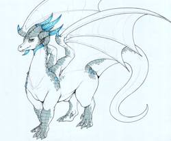 Size: 4096x3368 | Tagged: safe, artist:longinius, dragon, fictional species, western dragon, feral, female, horns, scales, solo, solo female, tail, traditional art, wings