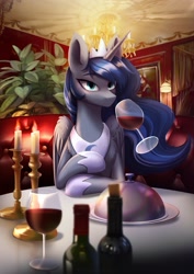 Size: 1447x2039 | Tagged: safe, artist:glumarkoj, princess luna (mlp), alicorn, equine, fictional species, mammal, pony, feral, friendship is magic, hasbro, my little pony, 2022, alcohol, blushing, bottle, candle, chest fluff, container, crown, date, dinner, drink, female, fluff, headwear, hoof shoes, horn, jewelry, looking at you, mare, offscreen character, peytral, pov, regalia, restaurant, solo, solo female, wholesome, wine, wine bottle, wineglass