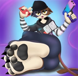Size: 3200x3129 | Tagged: safe, alternate version, artist:prismosis, meow skulls (fortnite), calico, cat, feline, mammal, anthro, fortnite, 3 toes, 5 fingers, barefoot, beanie, bottomwear, cell phone, clothes, female, gradient background, gun, hoodie, looking at you, open mouth, pants, paw pads, paws, phone, smartphone, solo, solo female, topwear, video game, weapon