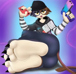 Size: 3200x3129 | Tagged: safe, artist:prismosis, meow skulls (fortnite), calico, cat, feline, mammal, anthro, fortnite, 3 toes, 5 fingers, barefoot, beanie, bottomwear, cell phone, clothes, female, gradient background, gun, hoodie, looking at you, open mouth, pants, paw pads, paws, phone, smartphone, solo, solo female, topwear, video game, weapon