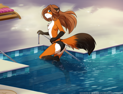 Size: 1502x1155 | Tagged: suggestive, artist:twokinds, laura (twokinds), fictional species, keidran, mammal, anthro, twokinds, bikini, bikini bottom, blue eyes, brown hair, clothes, digital art, ears, female, fur, gloves (arm marking), hair, looking at you, nudity, orange body, orange fur, partial nudity, paw pads, paws, pool, socks (leg marking), solo, solo female, swimming pool, swimsuit, tail, topless, underpaw, water, white body, white fur