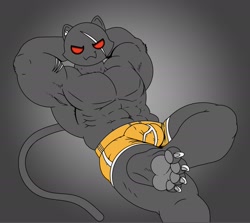 Size: 1747x1557 | Tagged: suggestive, artist:meowskulls, meowscles (fortnite), cat, feline, mammal, anthro, fortnite, bulge, fur, gray body, gray fur, looking at you, male, muscles, muscular male, paw pads, paws, red eyes, solo, solo male