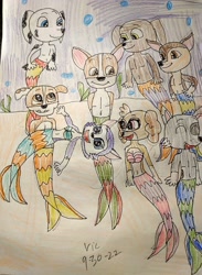 Size: 2996x4102 | Tagged: safe, artist:victheanimaldrawer, chase (paw patrol), everest (paw patrol), marshall (paw patrol), rocky (paw patrol), rubble (paw patrol), skye (paw patrol), tracker (paw patrol), zuma (paw patrol), canine, dog, fictional species, fish, mammal, mer-pup (paw patrol), anthro, nickelodeon, paw patrol, female, group, male