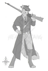Size: 867x1280 | Tagged: safe, artist:heathenfang, canine, jackal, mammal, anthro, ammunition belt, ammunition cartridge, bolo tie, clothes, cowboy, cowboy hat, duster coat, furgonomics, gloves, hat, headwear, holding, holding object, holding weapon, male, monochrome, object on shoulder, open toe footwear, signature, simple background, solo, solo male, standing, trigger discipline, watermark, weapon