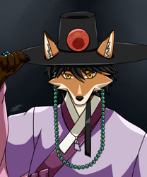 Size: 1067x1280 | Tagged: safe, artist:yami0204, canine, fox, mammal, anthro, bust, clothes, dann (singer), furrified, gat (hat), hanbok, hat, hat tip, headwear, jade beads, kpop, looking at you, male, portrait, ring, solo, solo male