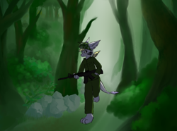 Size: 628x468 | Tagged: safe, artist:bumbledutchie, dragon, fictional species, furred dragon, anthro, plantigrade anthro, antennae, assault rifle, blank eyes, face paint, forest, gun, headwear, helmet, m-16, male, outdoors, rifle, rock, running, soldier, solo, solo male, weapon