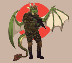 Size: 1280x1115 | Tagged: safe, artist:jeanwoof, oc, oc:alois (dakota_windrunner), dragon, fictional species, western dragon, ak-12, assault rifle, body armor, boots, camouflage, clothes, commission, fursona, gun, knee pads, male, military uniform, rifle, shoes, soldier, solo, solo male, weapon, ych result