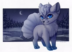 Size: 2139x1548 | Tagged: safe, artist:blooming-lynx, alolan vulpix, fictional species, vulpix, feral, nintendo, pokémon, 2d, ambiguous gender, conifer tree, crescent moon, ice, looking at you, moon, night, night sky, plant, sky, snow, solo, solo ambiguous, tree