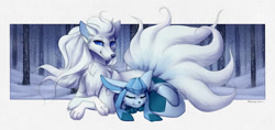 Size: 1302x614 | Tagged: safe, artist:blooming-lynx, alolan ninetales, eeveelution, fictional species, glaceon, mammal, ninetales, feral, nintendo, pokémon, 2d, ambiguous gender, ambiguous only, duo, duo ambiguous, eyes closed, looking at you, plant, sleeping, smiling, smiling at you, snow, tree