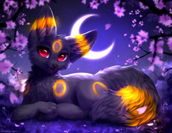 Size: 1018x785 | Tagged: safe, artist:blooming-lynx, eeveelution, fictional species, mammal, umbreon, feral, nintendo, pokémon, 2022, ambiguous gender, crescent moon, cute, looking at you, moon, night, night sky, open mouth, open smile, sky, smiling, smiling at you, solo, solo ambiguous, stars