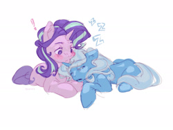 Size: 1920x1446 | Tagged: safe, artist:neexsa, starlight glimmer (mlp), trixie (mlp), equine, fictional species, mammal, pony, unicorn, feral, friendship is magic, hasbro, my little pony, 2022, blush sticker, blushing, duo, duo female, female, female/female, females only, hair, hooves, horn, mane, mare, shipping, simple background, sleeping, startrix (mlp), tail, white background, zzz