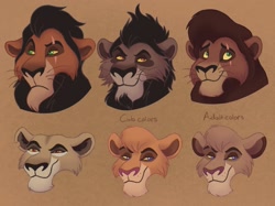 Size: 1953x1460 | Tagged: safe, artist:itoruna, kovu (the lion king), nuka (the lion king), scar (the lion king), vitani (the lion king), zira (the lion king), big cat, feline, lion, mammal, ambiguous form, disney, the lion king, 2d, bust, cub, evil grin, eye scar, female, grin, group, lioness, looking at you, male, scar, young